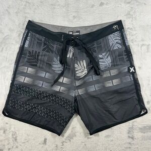 HURLEY Phantom Board Shorts Mens 34 Black Grey Tribal Palm Leaf Excellent Surf